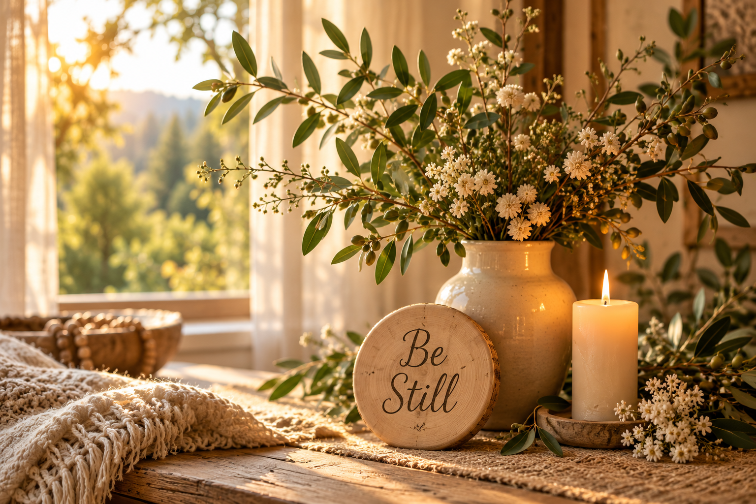 Cream wildflowers and leafy branches beside a glowing candle and a wooden Be Still sign