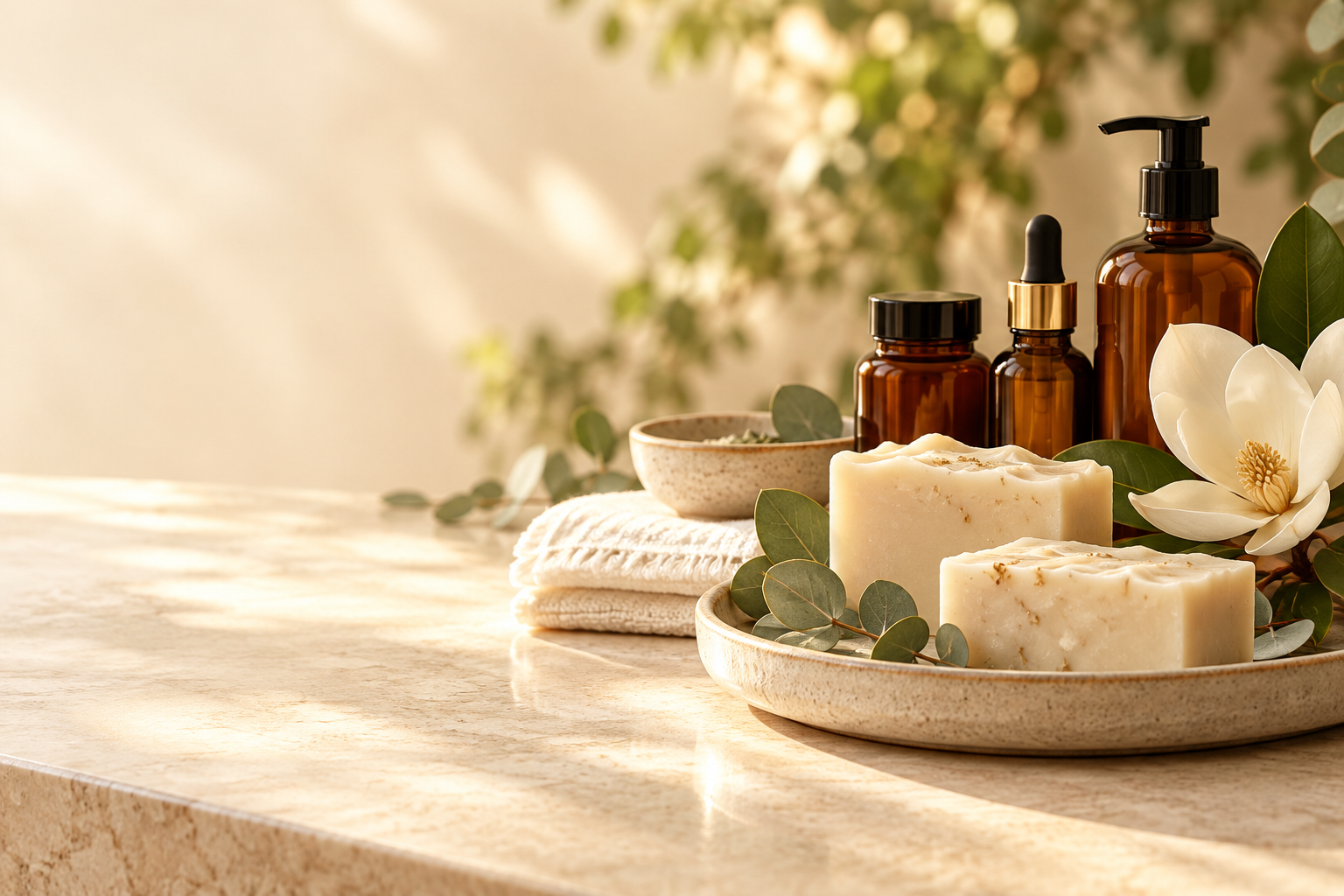 Illustrative spa still life with soap, amber bottles, and soft towels