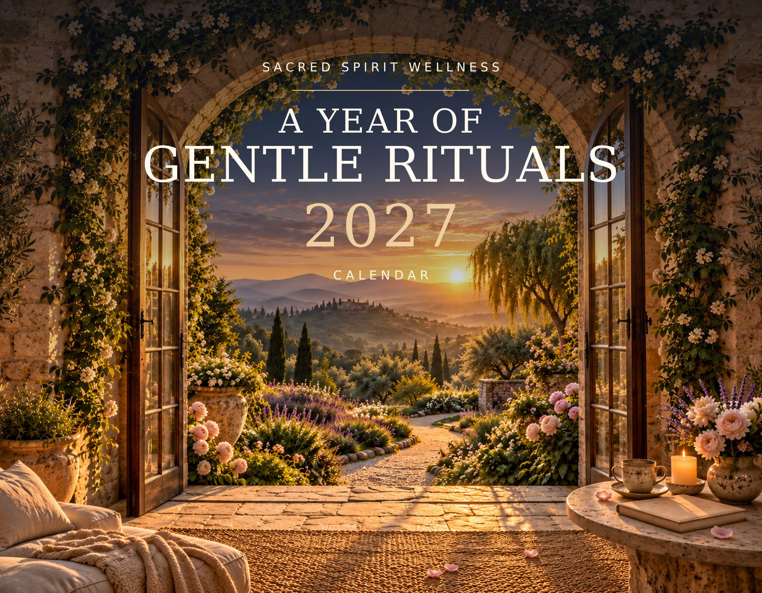 A Year of Gentle Rituals 2027 calendar cover, featuring a flower-covered arch overlooking a sunset garden