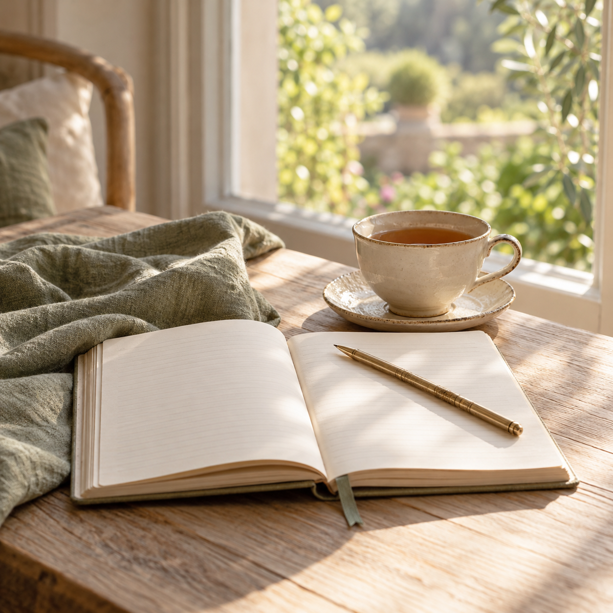 An open journal and gold pen beside a cup of tea in soft window light