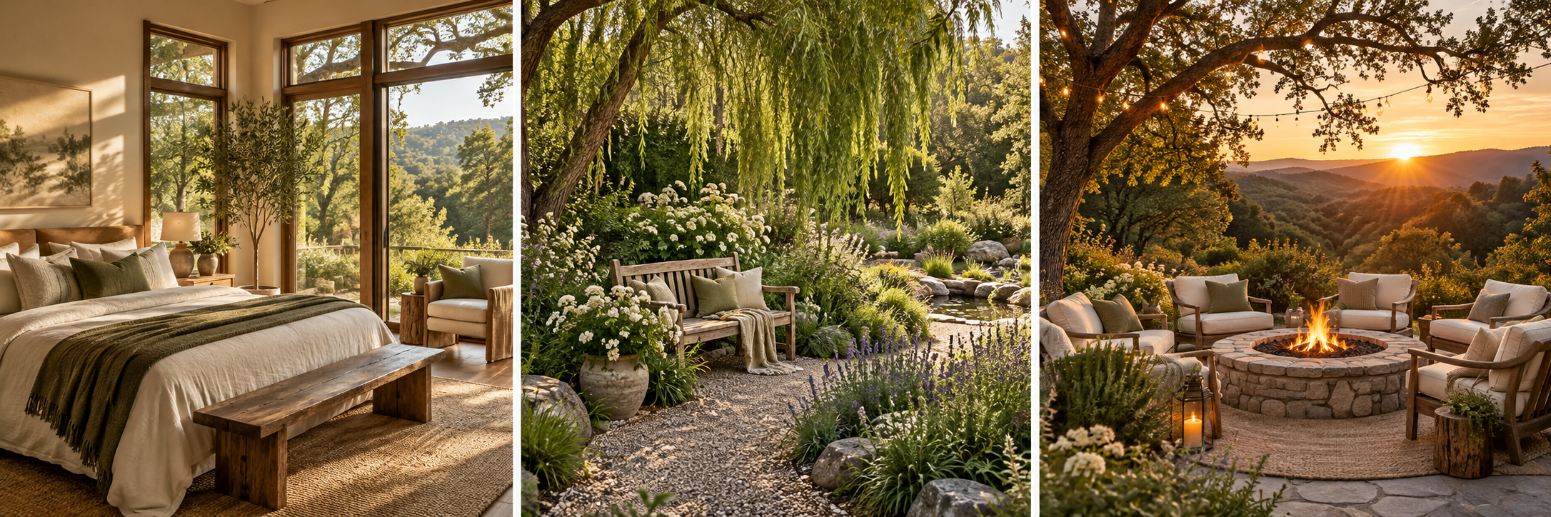 Illustrative retreat scenes with a bedroom, garden, and firelight